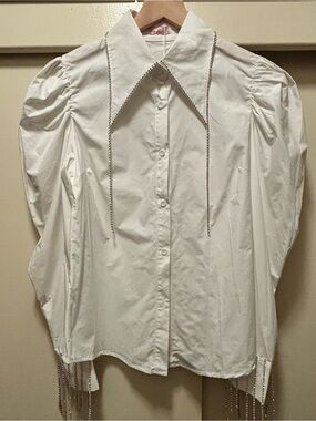 NWT La Ros White  Puff Sleeve Button-Down Shirt with rhinestones size M